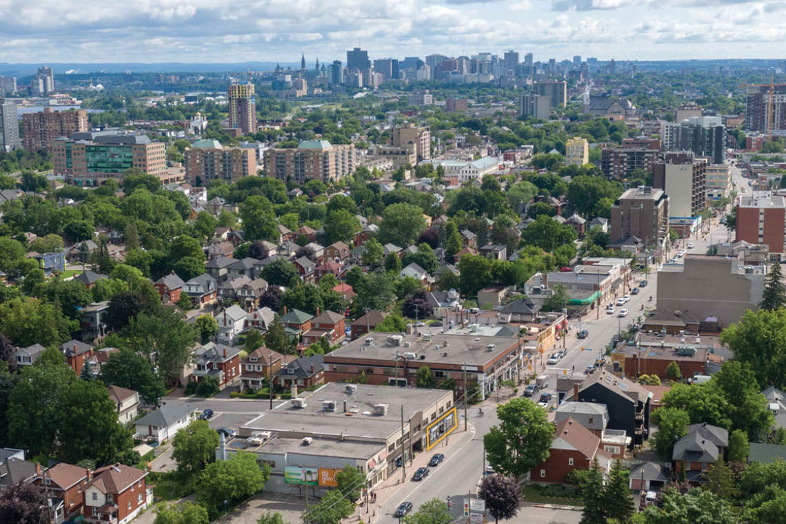 aerial photo of wellington village facing downtown ottawa