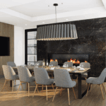 A room featuring a table and chairs, with a vase on the table. The space includes a floor, walls, and a ceiling, indicative of indoor furniture design suitable for a dining or living room.