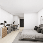 A bedroom featuring a bed with pillows and bedding, a nightstand beside the bed, and a chest of drawers. The room has stylish interior design elements like a vase on the nightstand, cabinetry along one wall, and window treatments.