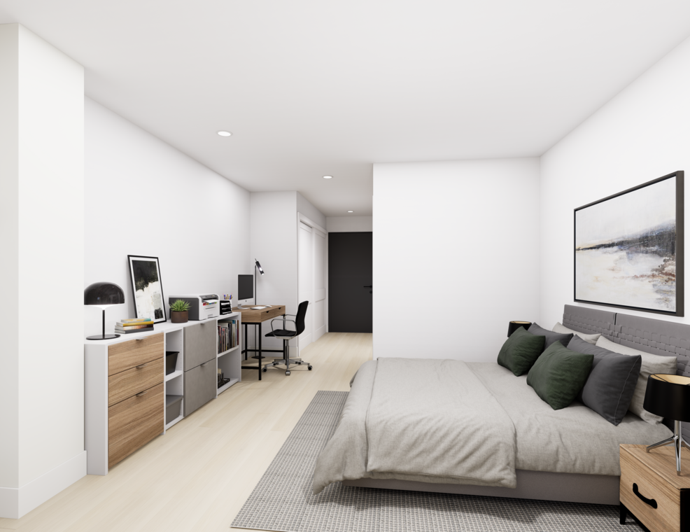 A bedroom featuring a bed with pillows and bedding, a nightstand beside the bed, and a chest of drawers. The room has stylish interior design elements like a vase on the nightstand, cabinetry along one wall, and window treatments.