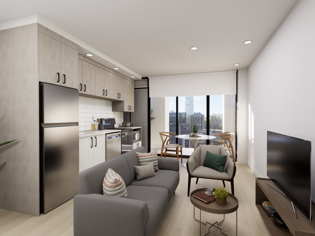 A cozy living room featuring a comfortable couch facing a television, with cabinetry and decorative elements adorning the walls. The floor is well-maintained, and the overall ambiance reflects modern interior design.