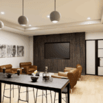 A modern golf simulator and lounge room for tenants, featuring a television, a bar-top counter, and comfortable leather lounge chairs.