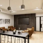 A modern golf simulator and lounge room for tenants, featuring a television, a bar-top counter, and comfortable leather lounge chairs.
