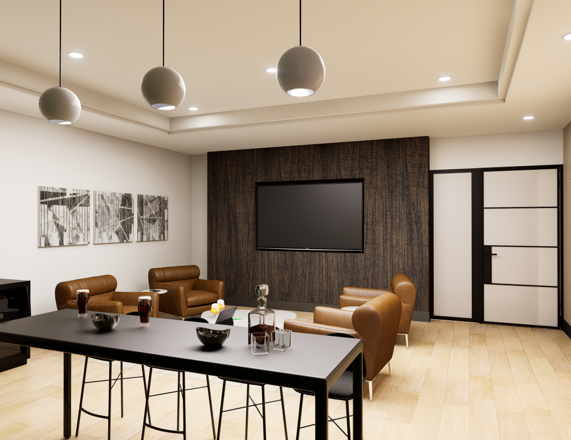 A modern golf simulator and lounge room for tenants, featuring a television, a bar-top counter, and comfortable leather lounge chairs.
