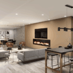 A modern tenant lounge featuring a cozy fireplace, comfortable seating arrangements for socializing, and a high-top counter with stools for a casual workspace or dining.