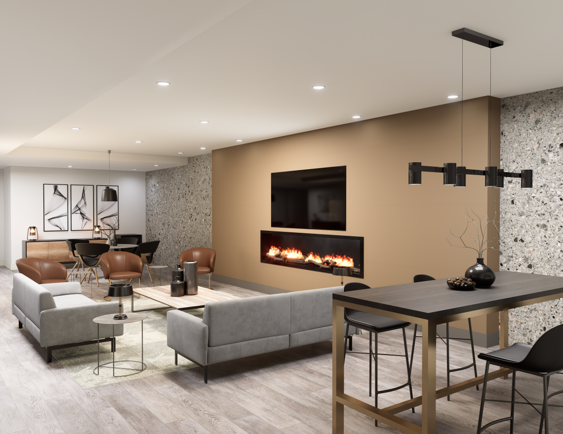 A modern tenant lounge featuring a cozy fireplace, comfortable seating arrangements for socializing, and a high-top counter with stools for a casual workspace or dining.
