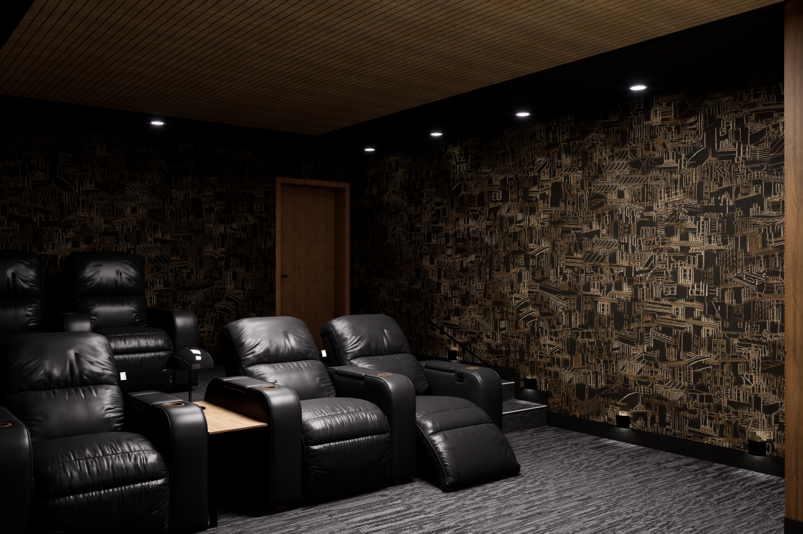 Five leather recliners in a spacious movie theater room with a large smart TV.