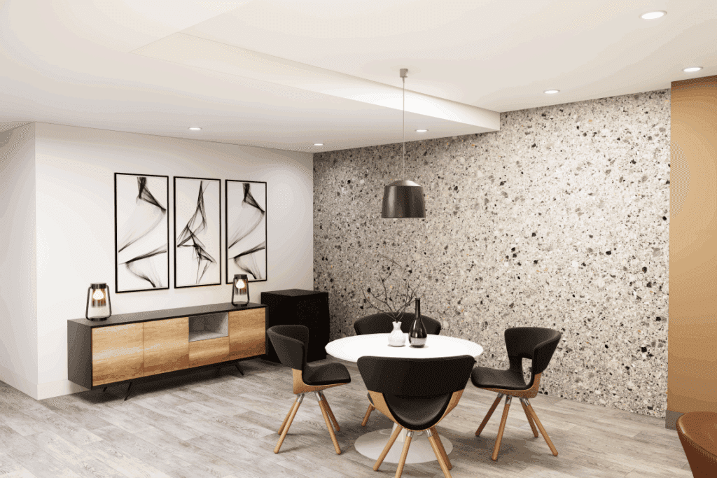 A modern tenant lounge featuring comfortable seating arrangements for socializing or dining.