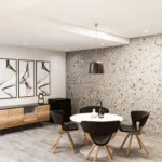 A modern tenant lounge featuring comfortable seating arrangements for socializing or dining.