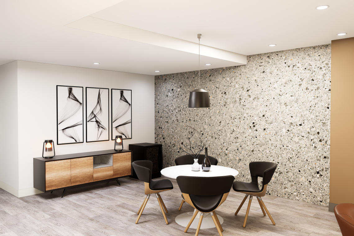 A modern tenant lounge featuring comfortable seating arrangements for socializing or dining.