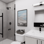 A bathroom featuring a glass shower enclosure, a toilet, and various amenities such as a sink and mirror, all designed with modern tiles and fixtures.