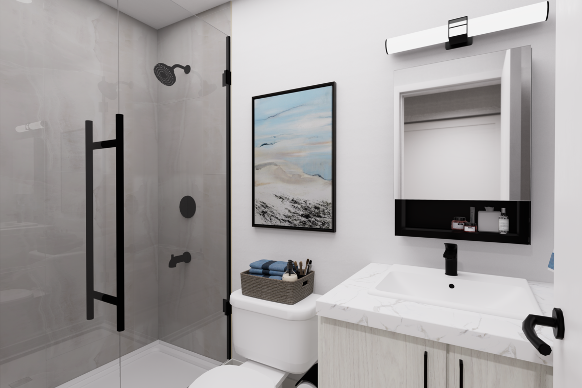 A bathroom featuring a glass shower enclosure, a toilet, and various amenities such as a sink and mirror, all designed with modern tiles and fixtures.