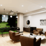 A modern golf simulator room for tenants, featuring a golf simulator, a bar-top counter, and comfortable leather lounge chairs.