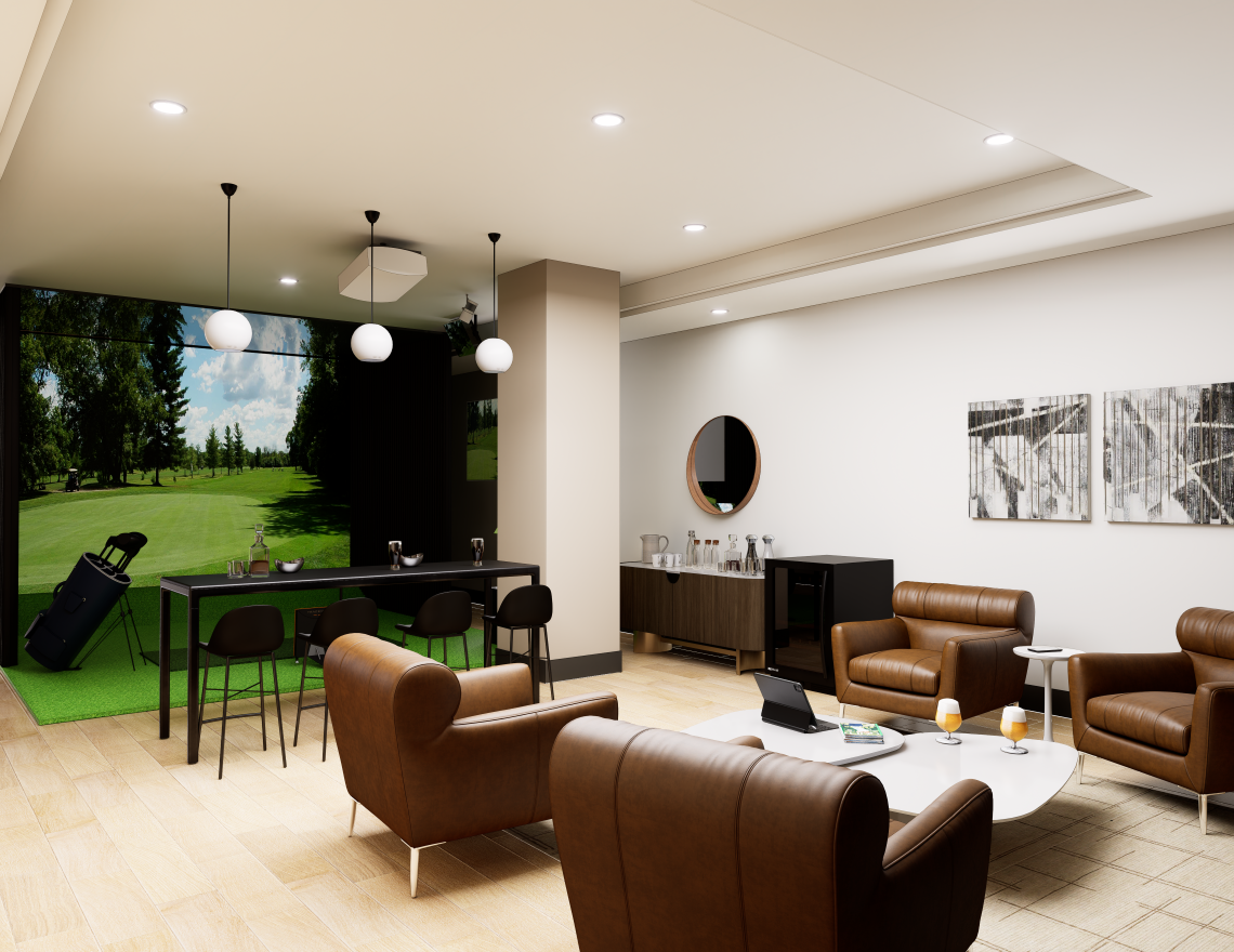 A modern golf simulator room for tenants, featuring a golf simulator, a bar-top counter, and comfortable leather lounge chairs.