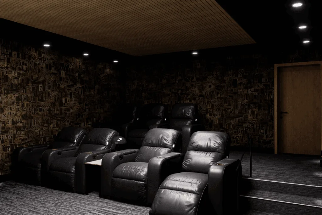Five leather recliners in a spacious movie theater room with a large smart TV.