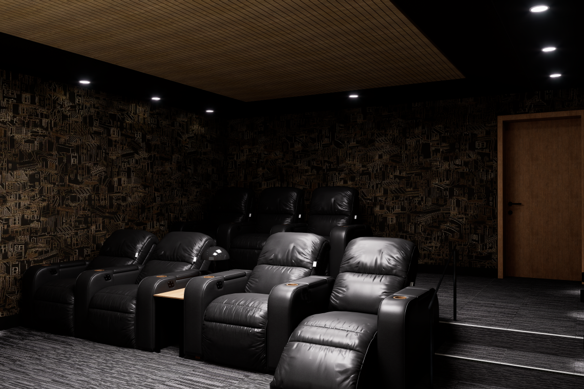 Five leather recliners in a spacious movie theater room with a large smart TV.