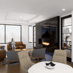 A cozy living tenant lounge featuring a fireplace, where a woman is seated on a couch. The room includes various furniture elements such as a coffee table and decorative pillows, along with stylish interior design details.